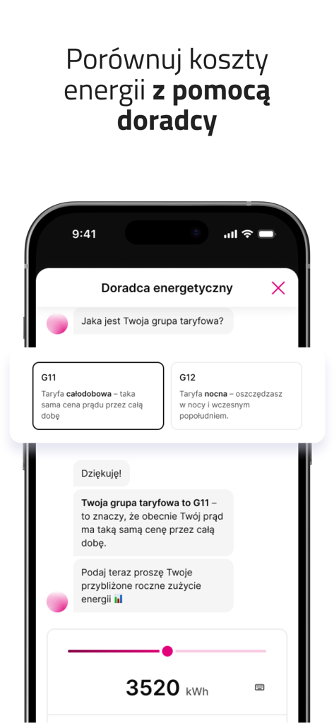 Pantalla de chat del asesor de energía de la aplicación Mój TAURON que muestra la selección de tarifas y la entrada del consumo anual de energía