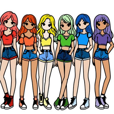 a group of girls wearing crop tops and shorts
