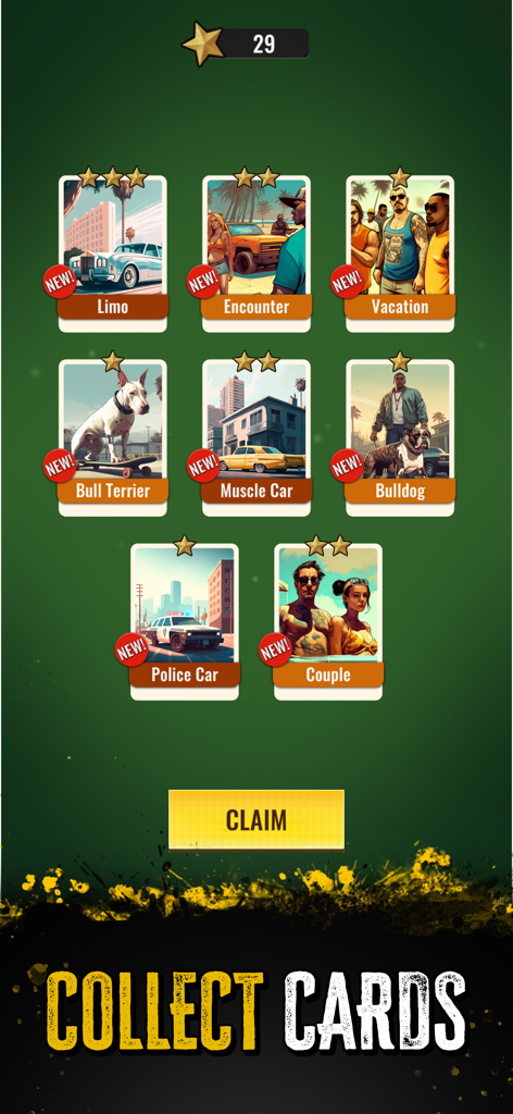 The Gang: Street Wars - A collection of reward cards in The Gang Street Wars including vehicles animals and gang members with a claim button