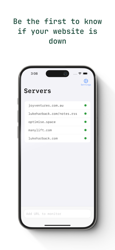 Mobile dashboard of Ping app showing website uptime status with green indicators