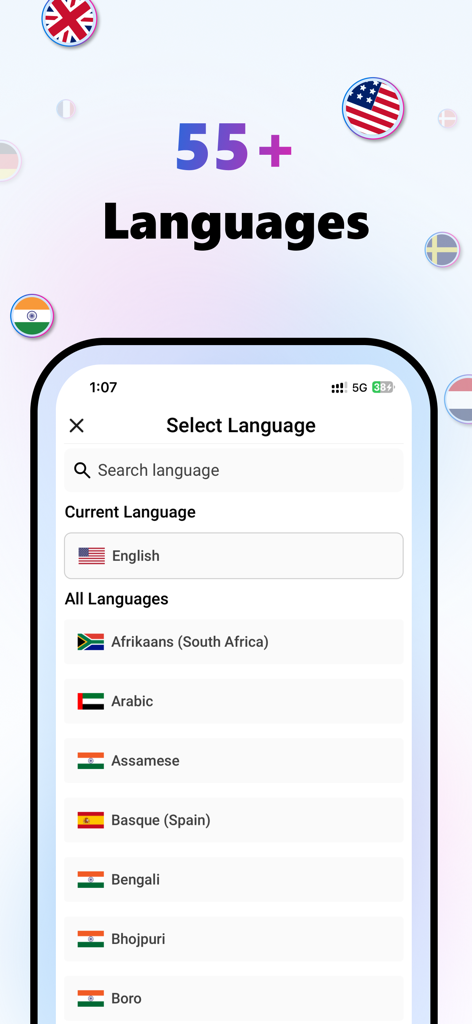 Text To Speech: Image To Text - Pantalla móvil que muestra las opciones de selección de idioma en la aplicación de voz a texto de Talkify