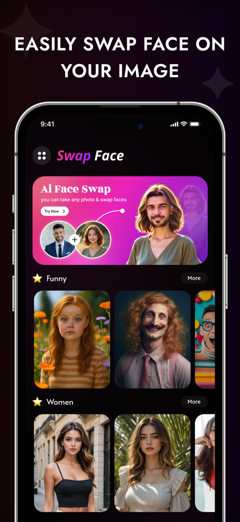 FaceMagic - Swap Face - FaceMagic mobile app screen displaying the AI face swap interface with funny and fashion categories