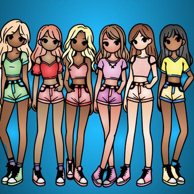 a group of girls wearing crop tops and shorts