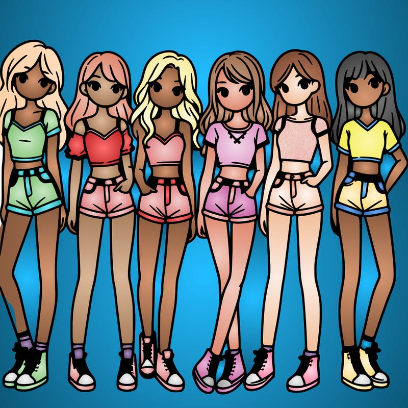 a group of girls wearing crop tops and shorts