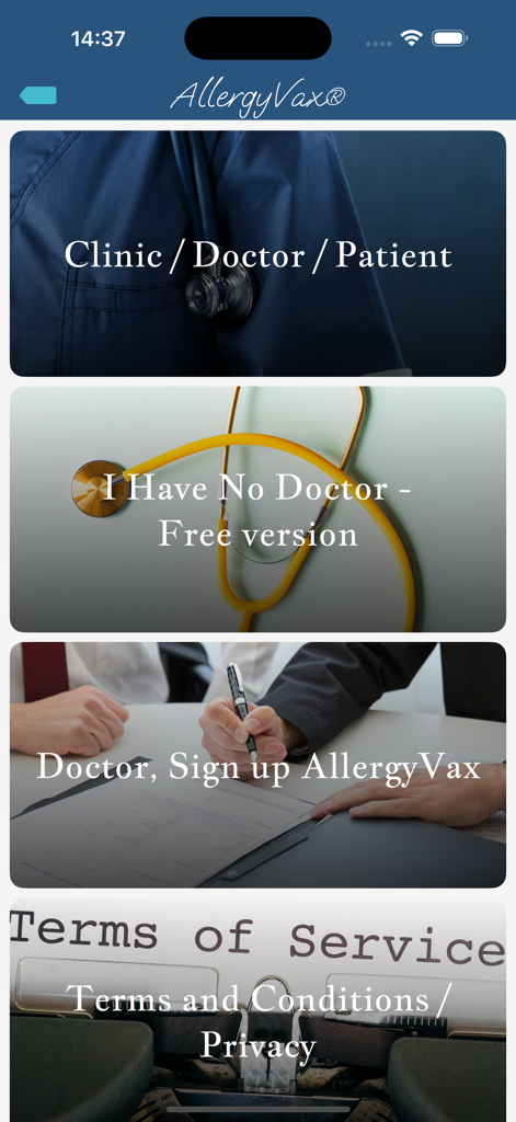 Main menu screen of the AllergyVax app with options for doctors and patients.