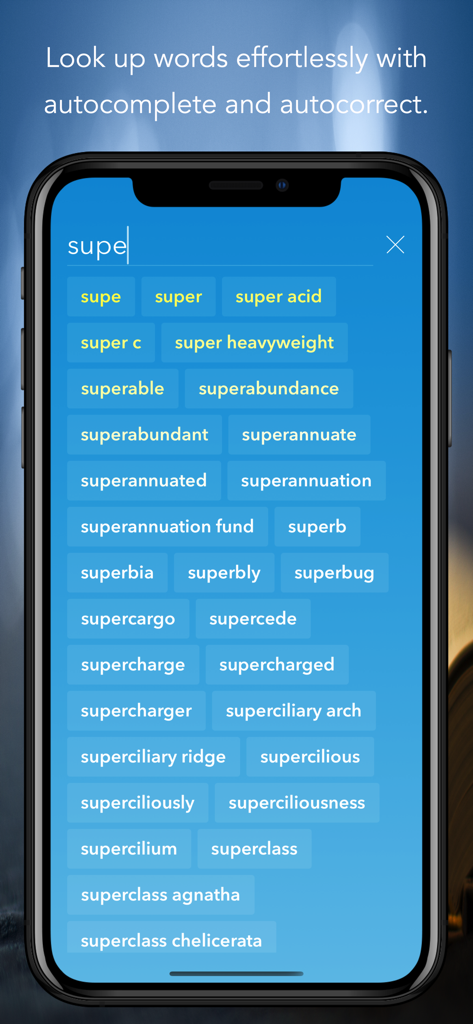 Word Vault: Vocabulary Builder - Word Vault app search screen demonstrating the autocomplete feature with a list of word suggestions.