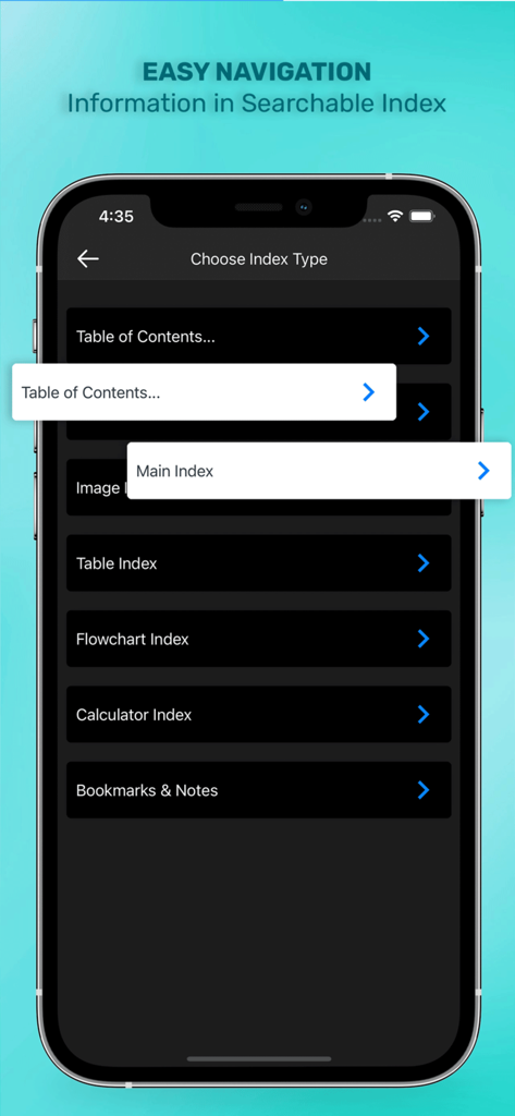 Gomella's Neonatology - Gomella's Neonatology mobile app navigation screen showing various searchable index options like Table of Contents, Image Index, and Flowchart Index.