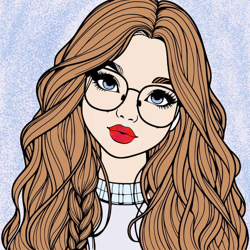 girl with long hair and freckles and glasses realistic