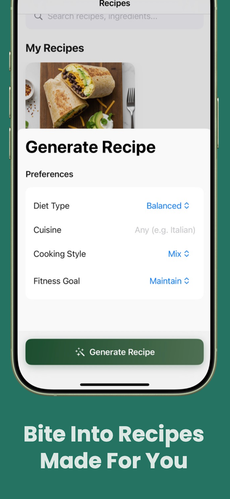 CostBite mobile app screen showing options to generate recipes based on diet type, cuisine, and fitness goals
