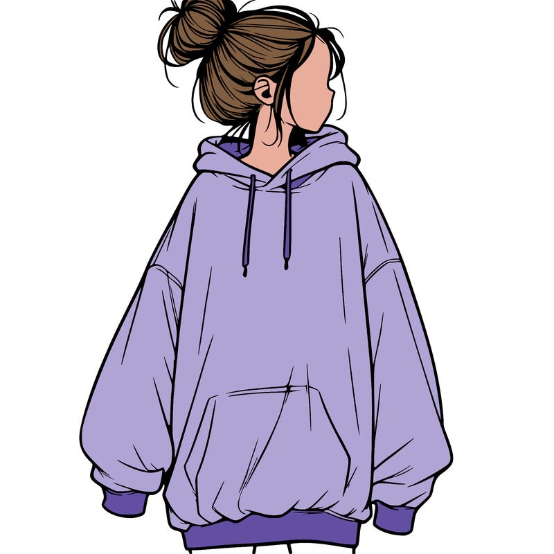 realistic girl with a oversized sweatshirt on and a bun