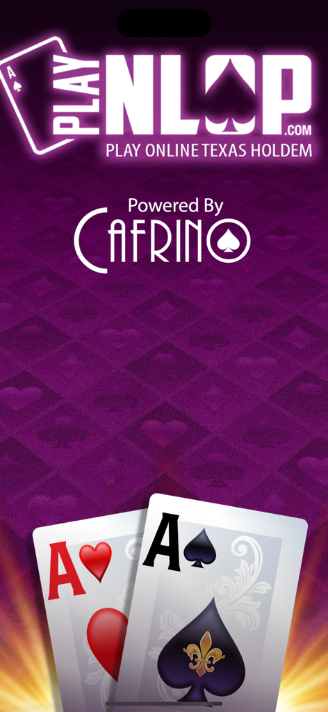 PlayNLOP - PlayNLOP splash screen showing online Texas Holdem poker with a pair of aces on a purple background