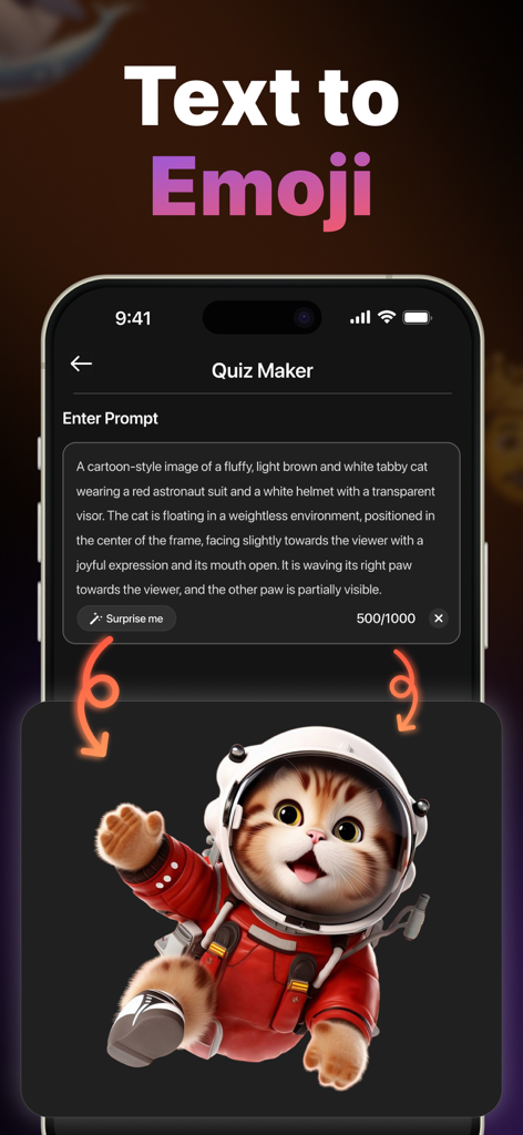 Genmoji - AI Emoji Maker - Une interface d'application mobile montrant la fonction Texte vers Emoji avec une invite pour un chat en costume d'astronaute et l'image générée par IA résultante.