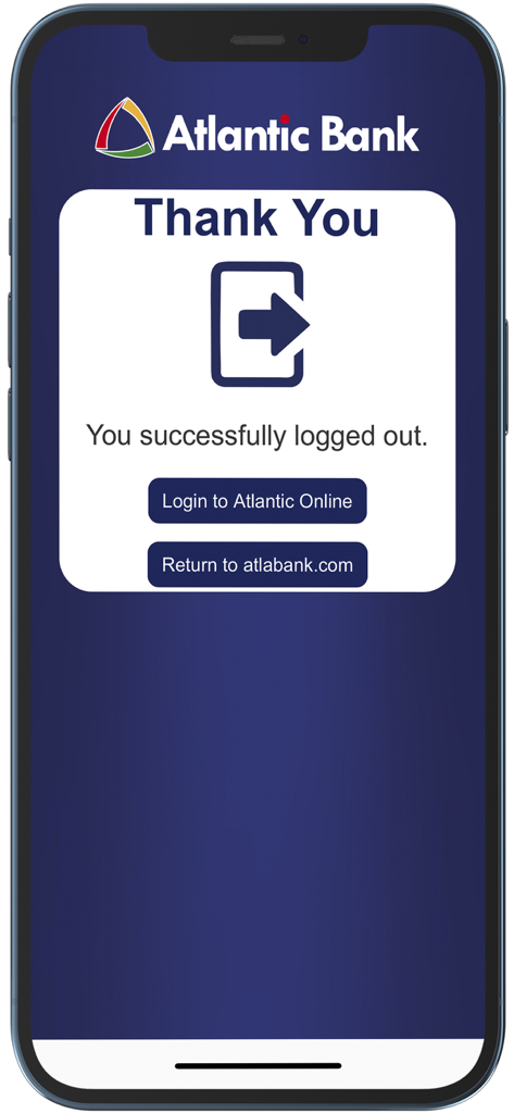 Atlantic Bank Mobile Banking - Pantalla de confirmación de cierre de sesión de la banca móvil de Atlantic Bank.