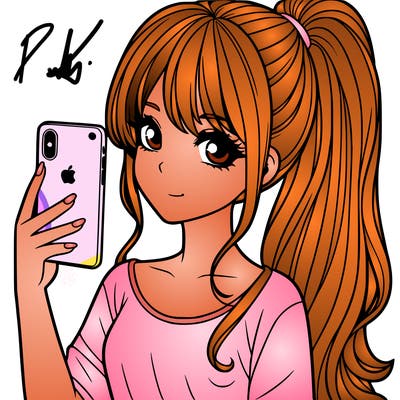 a realistic girl with a pony tail and a iphone