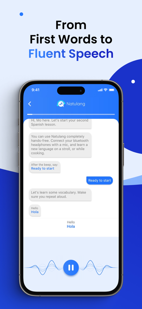 Interface de l'application Natulang présentant une leçon d'espagnol basée sur la conversation mains libres avec reconnaissance vocale
