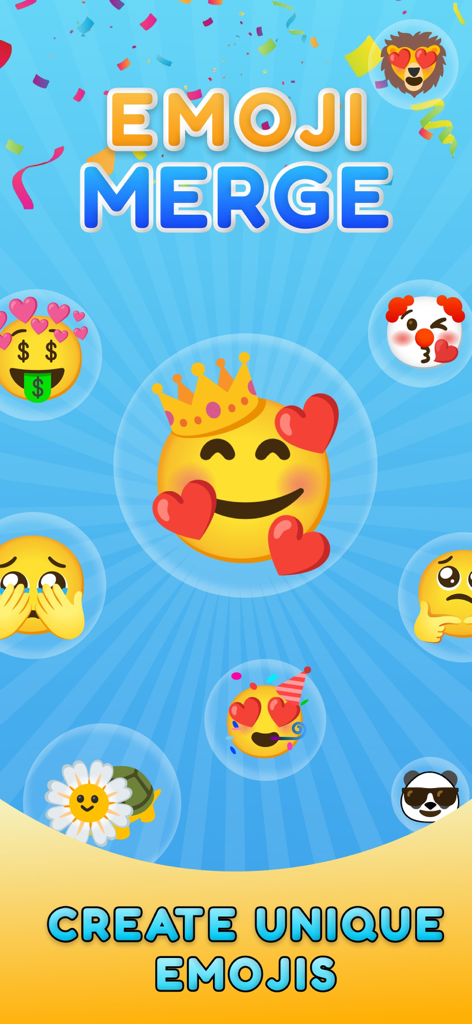 Emoji Merge & Mix Emoji Maker - Interfaz de la aplicación Emoji Merge que muestra varios emojis personalizados fusionados y el lema Crea Emojis Únicos