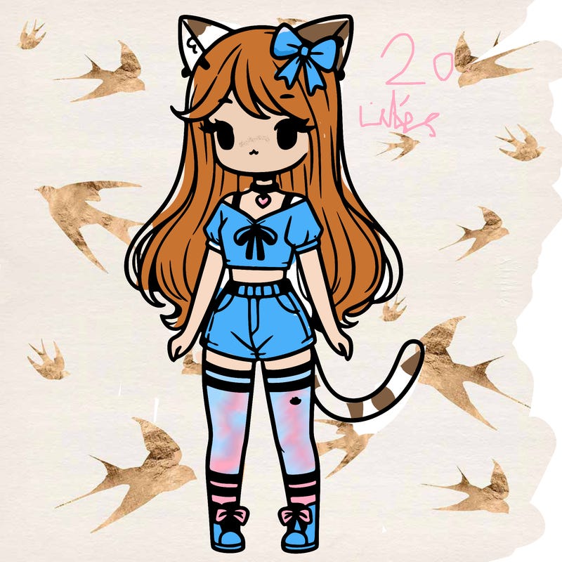 girl with cat ears and a cat tail wearing a crop top and shorts