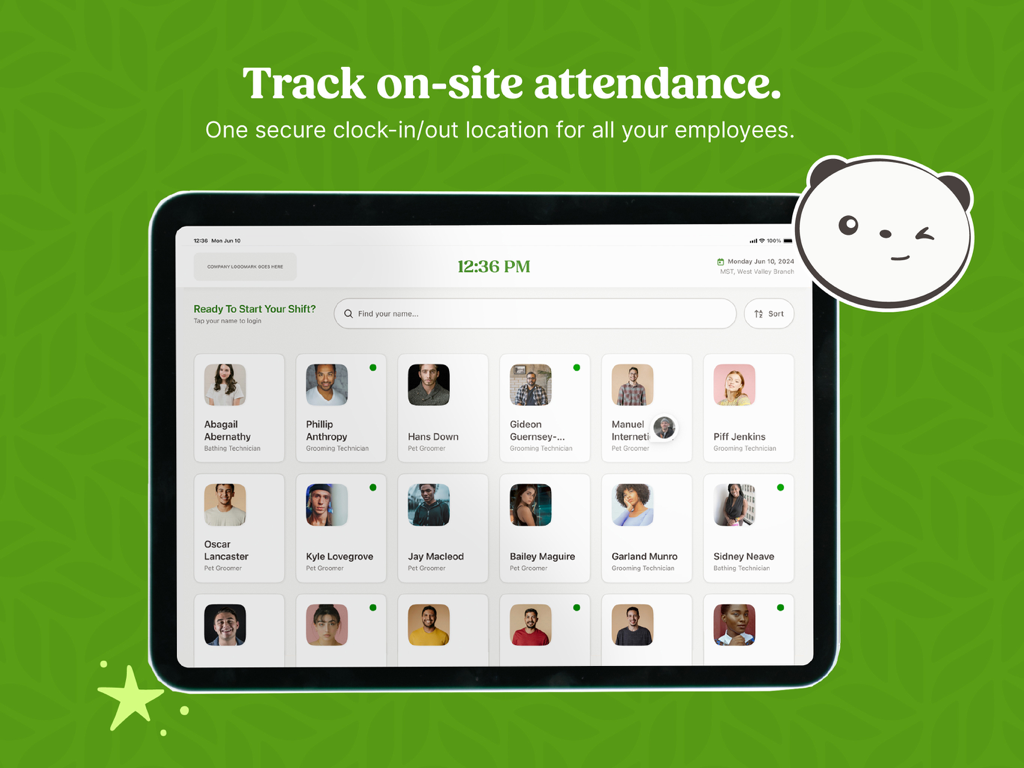 BambooHR Time Kiosk - BambooHR Time Kiosk app interface on an iPad showing employee profiles for on-site attendance tracking