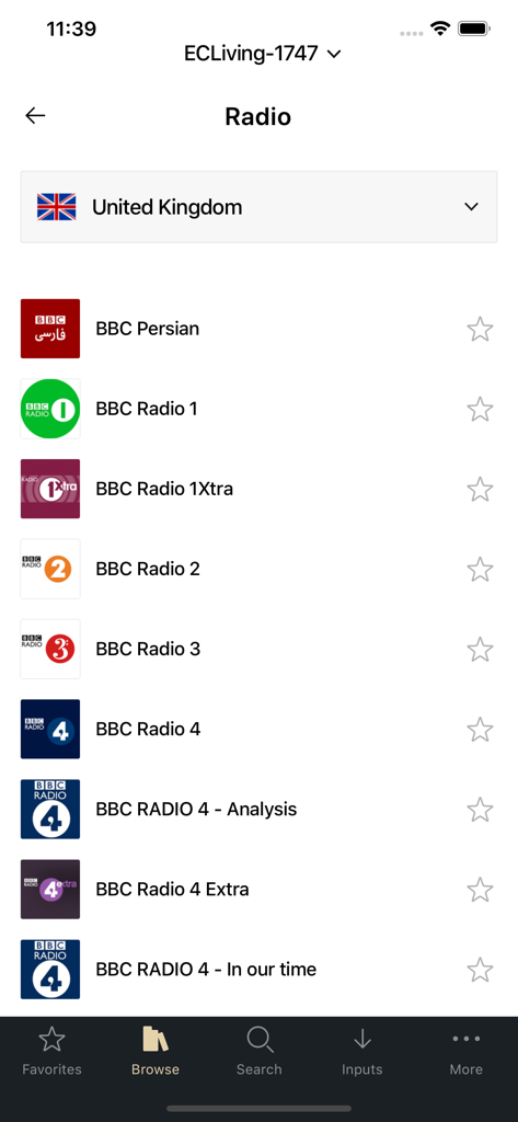 EC Play - EC Play app interface showing a list of BBC radio stations from the United Kingdom.
