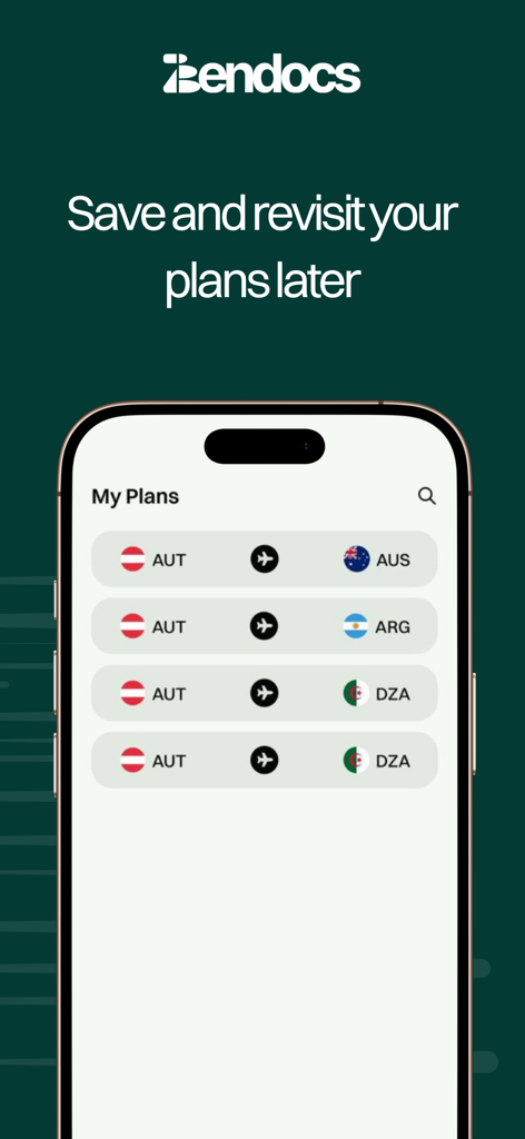 Zendocs - Interfaz de la aplicación móvil Zendocs que muestra una lista de planes de viaje internacionales guardados y banderas de destino