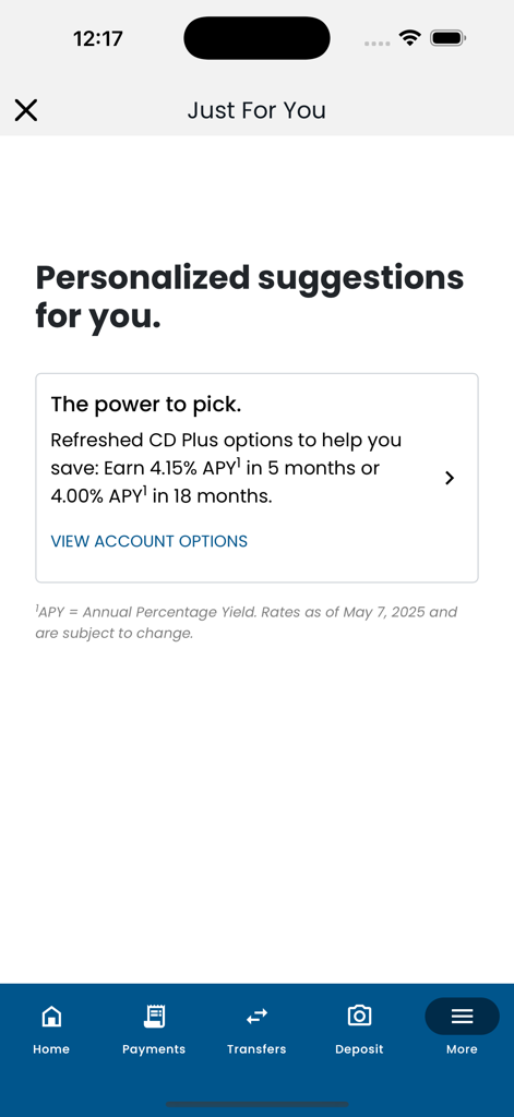Lake Trust Mobile Banking - La aplicación de Banca Móvil de Lake Trust muestra sugerencias personalizadas para opciones de ahorro CD Plus