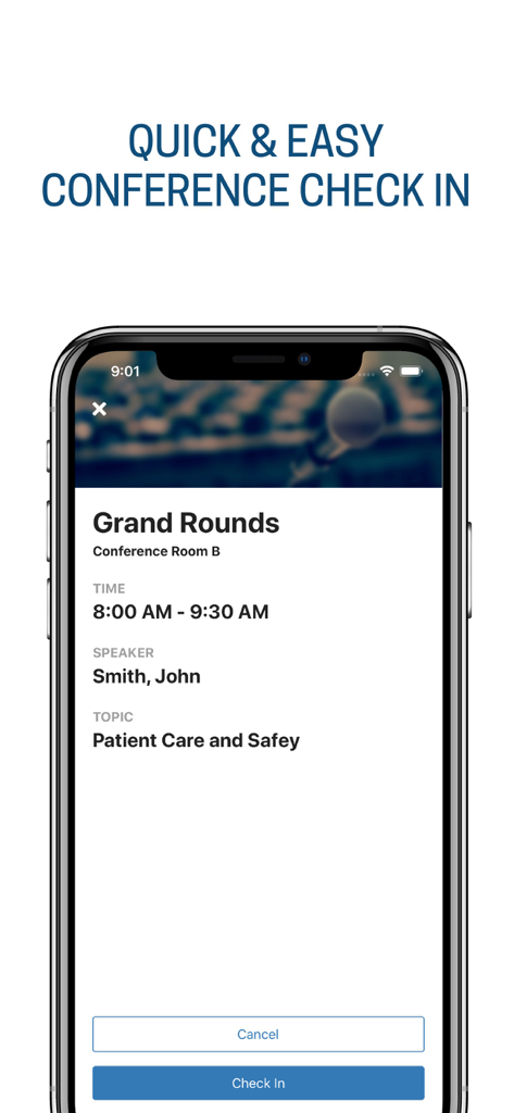 Tela móvel do aplicativo Novas Inovações mostrando um check-in rápido e fácil em conferências para uma sessão médica Grand Rounds.