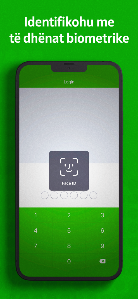 OTP Bank Albania - OTP Bank Albania login screen showing Face ID biometric authentication and numeric PIN pad