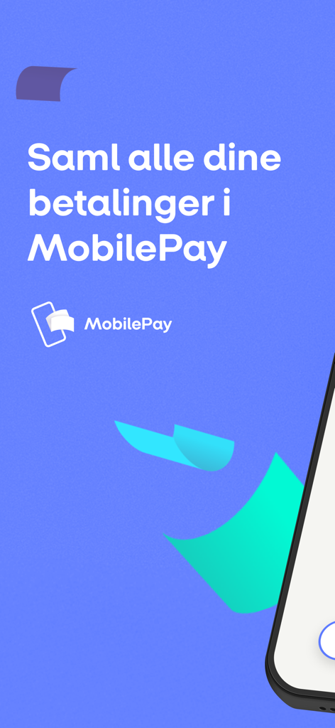 MobilePay - Écran d'accueil de l'application MobilePay avec du texte danois indiquant la collecte de tous les paiements en un seul endroit