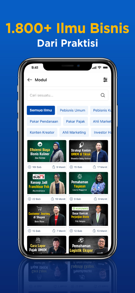 GrowWin by AsahPolaPikir - Um smartphone exibindo a interface do aplicativo GrowWin com mais de 1800 módulos de negócios de profissionais especializados