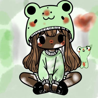 a girl wearing a frog hat and some frog socks