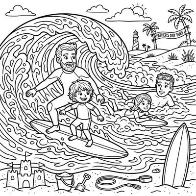 Dive into a splash of color with this vibrant Father's Day coloring page, featuring fathers and children enjoying a thrilling surf adventure. It's the perfect way to celebrate Dad with creativity and seaside fun!