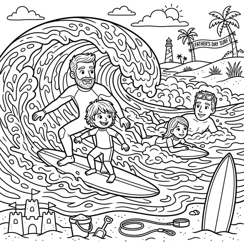 Dive into a splash of color with this vibrant Father's Day coloring page, featuring fathers and children enjoying a thrilling surf adventure. It's the perfect way to celebrate Dad with creativity and seaside fun!
