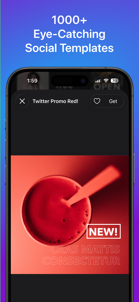 Templates for Canva - Templates for Canvaアプリからの赤いソーシャルメディアプロモーションテンプレートを特集したiPhone画面。
