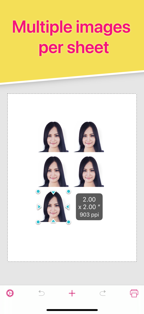 Print to Size app interface showing five identical small photos arranged on a single sheet with dimension and DPI indicators