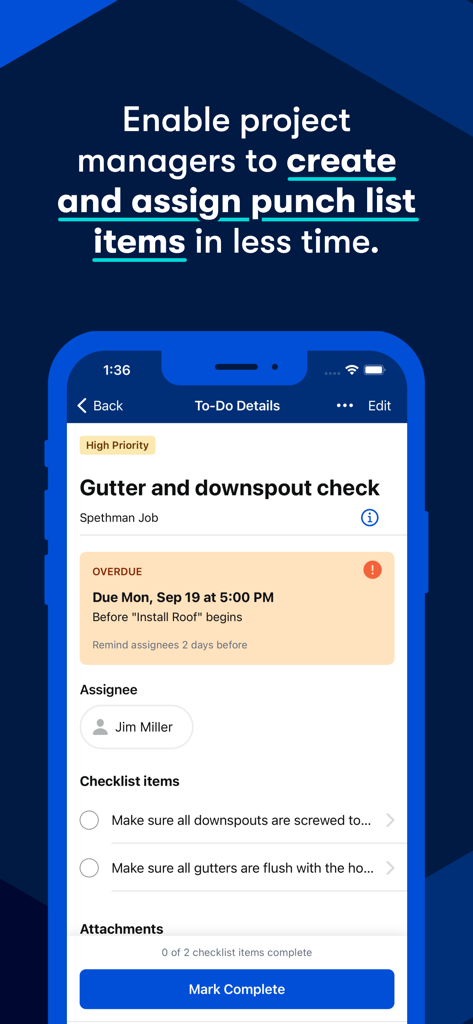 Interface de l'application Buildertrend affichant une liste détaillée des points à corriger lors de la construction, avec liste de contrôle et responsable.