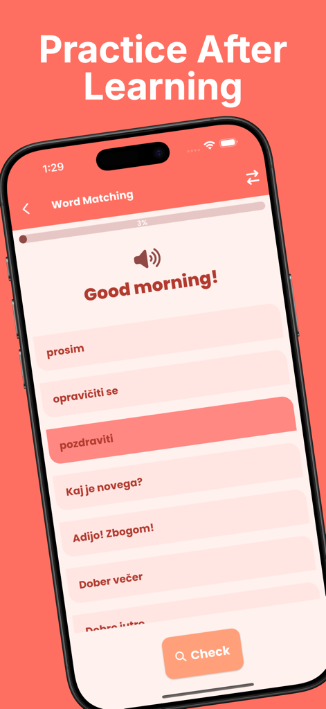 Learn Slovenian - Una pantalla de ejercicio de emparejamiento de palabras en la aplicación Aprende Esloveno practicando saludos