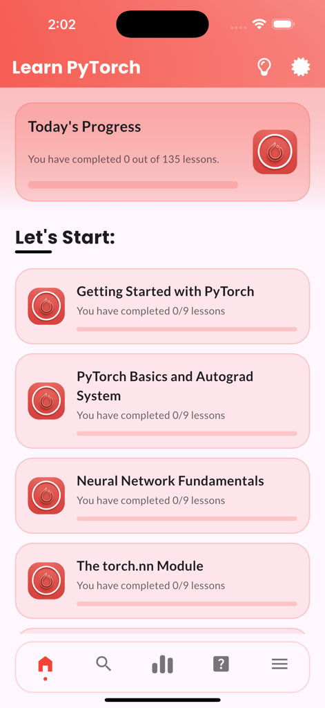 Learn PyTorch Tutorials - PyTorchアプリのホーム画面。コースの進捗状況ダッシュボードとディープラーニングチュートリアルモジュールのリストが表示されています。
