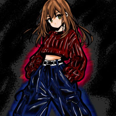 anime teen girl with baggy pants and crop top with sweater