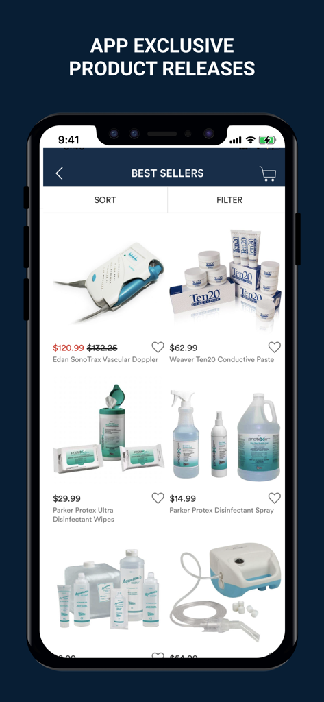 MFI Medical - Best sellers list in the MFI Medical app featuring products like vascular dopplers and medical disinfectants