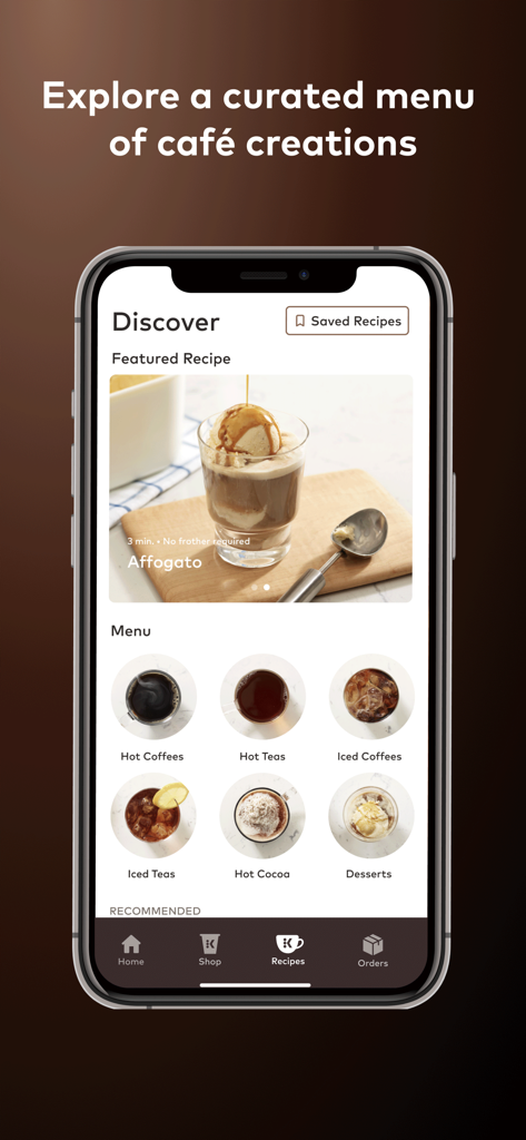 Keurig - Keurig app discover screen showing a menu of beverage recipes and categories.