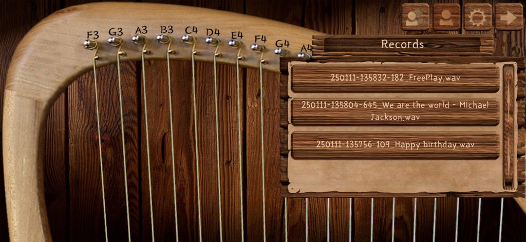 Lyre Harp Real - A list of saved song recordings on the Lyre Harp Real app interface showing various wav files