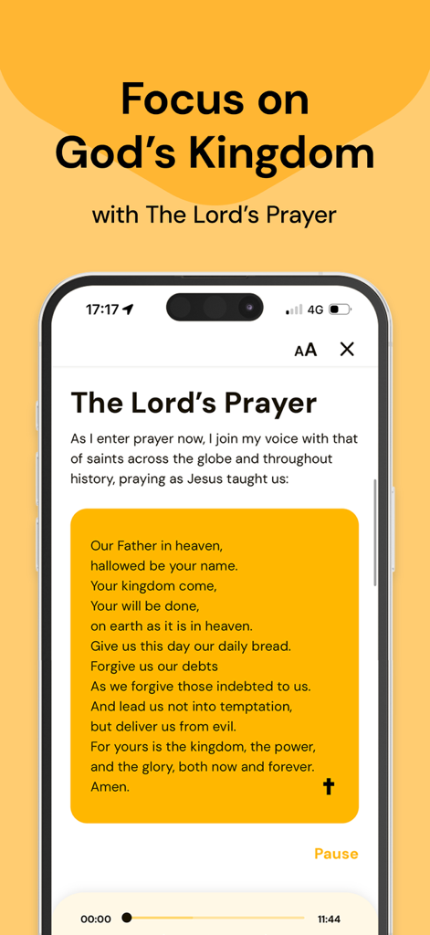 Lectio 365 app screen showing The Lords Prayer for daily meditation and prayer