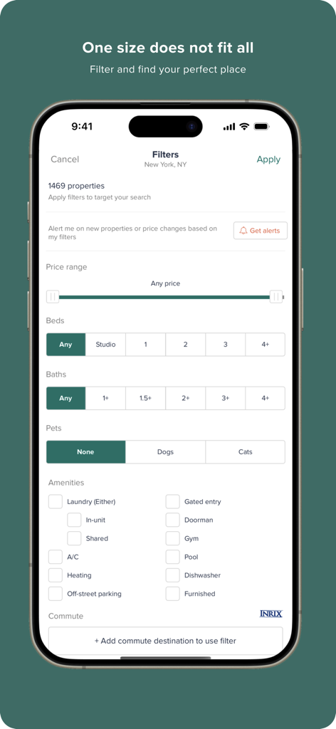 HotPads mobile app screen showing advanced rental filters for price, bedrooms, bathrooms, and amenities.