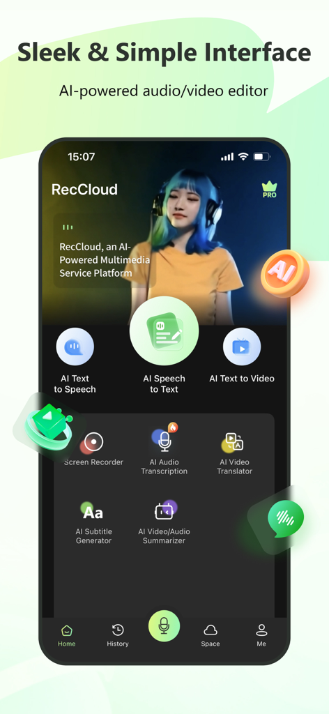 RecCloud - AI Speech to Text - Elegante interfaz móvil de RecCloud que muestra herramientas de edición de audio y vídeo IA