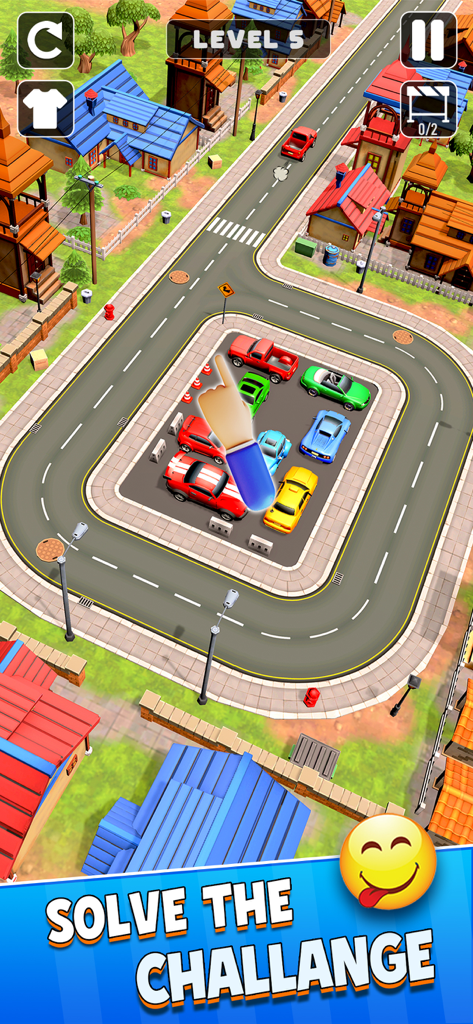 Drive Escape : Car Parking Jam - Top down view of a car parking jam puzzle level with colorful vehicles and a hand tutorial pointer.