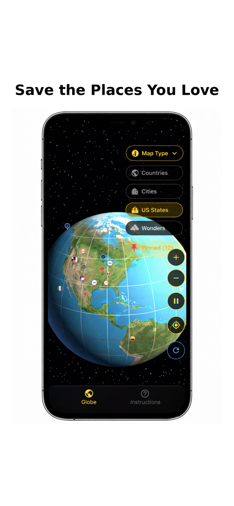 TrueGlobe - Aplicación TrueGlobe mostrando un globo terráqueo interactivo 3D con marcadores de mapas y categorías de ubicaciones