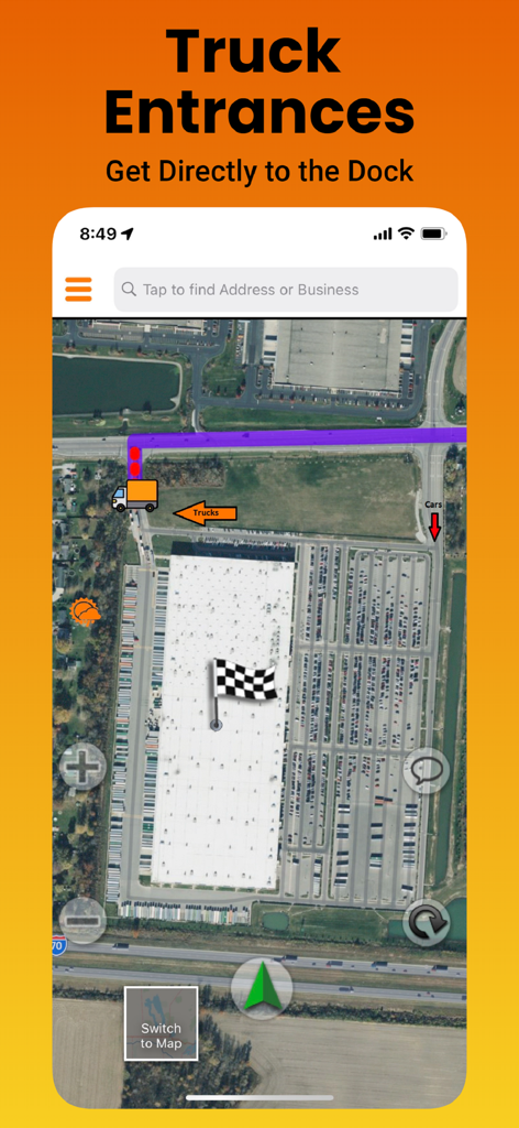 Satellite map view showing a truck specific entrance and route to a loading dock