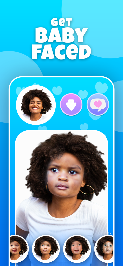 Make A Baby AI Future Face - A woman uses the Baby Faced filter in the Make A Baby AI app to transform her portrait into a baby face