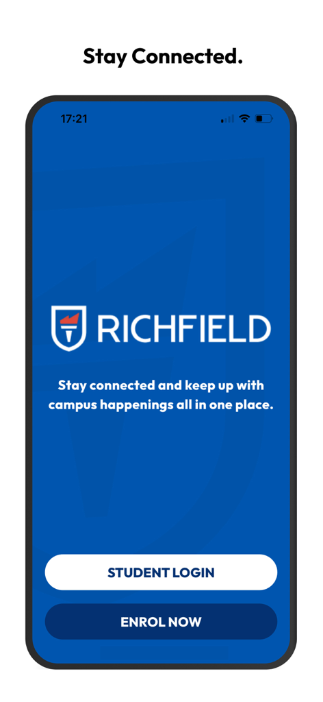 Richfield Education - Richfield Education app welcome screen with buttons for student login and enrollment