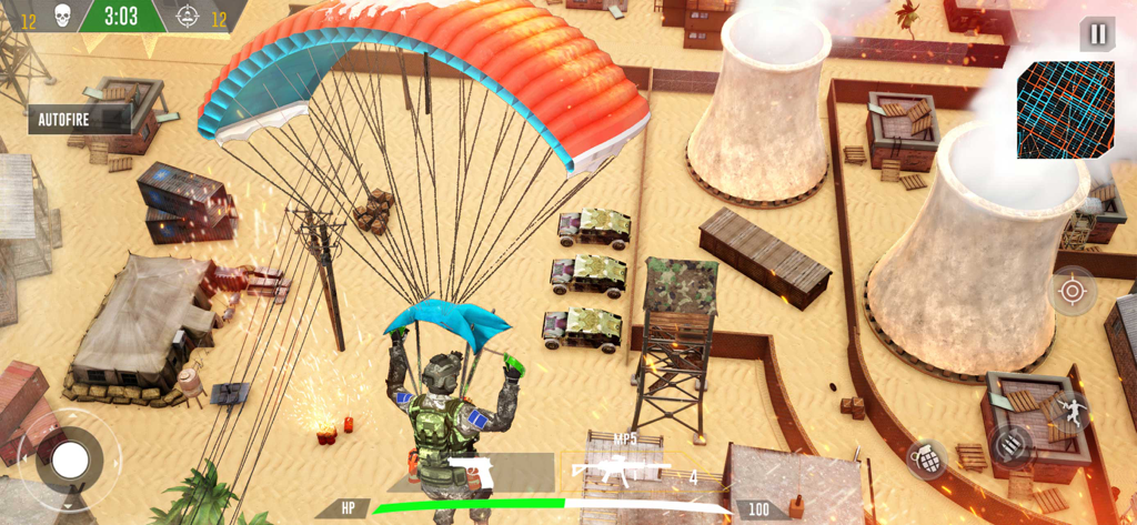 Eine Spielerfigur landet mit dem Fallschirm auf einer Wüsten-Industriekarte mit Kühltürmen im FPS Battle Royale Spiel.